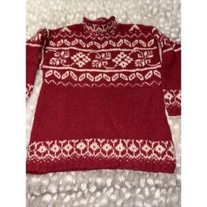 VTG Express Tricot Roll Neck Womens Red Cream Wool Nordic Fair Isle Sweater S